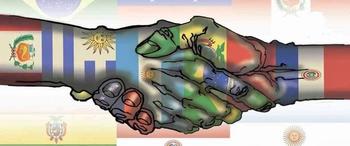 drawing of hands shaking with flags overlayed onto them